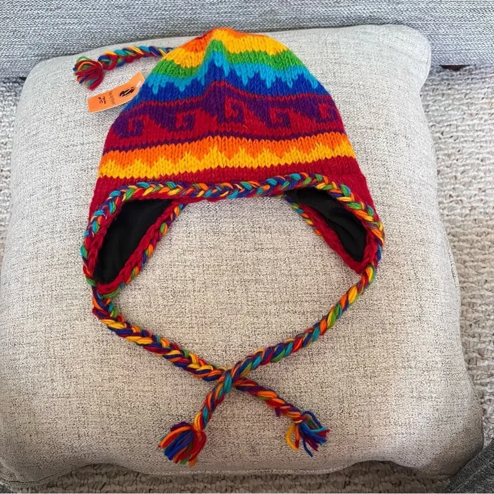 Wool Rainbow Nepal Hand Knit Ear Flaps Beanie
